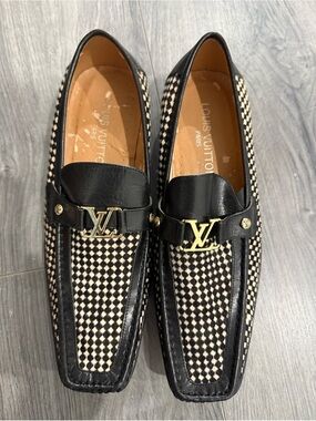 Louis Vuitton Black & Cream Checkerboard faux learjet LV Logo Driving Loafers